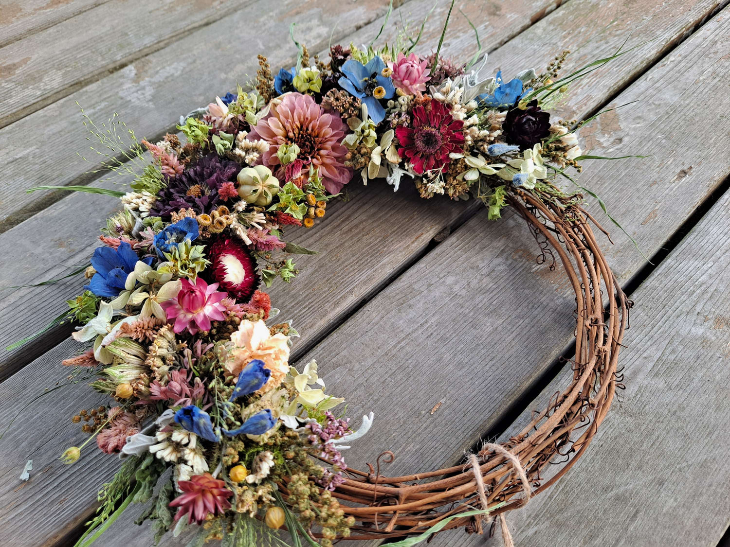 Handmade dried flower wreath made from flowers sustainably grown on our farm